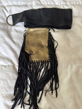 Fringed Leather Waist Belt with Gold Pouch